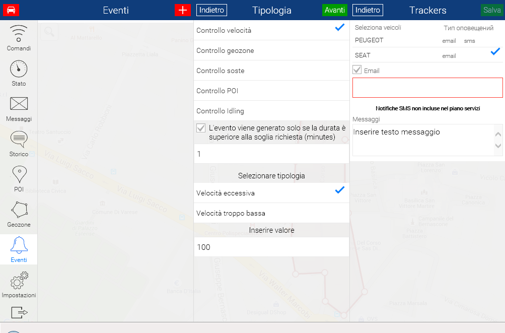 MENU EVENTI Notifiche Controllo Velocità 1. Selezionare il menu Eventi. 2. Cliccare sul pulsante + 3. Selezionare la funzione Controllo Velocità. 4.