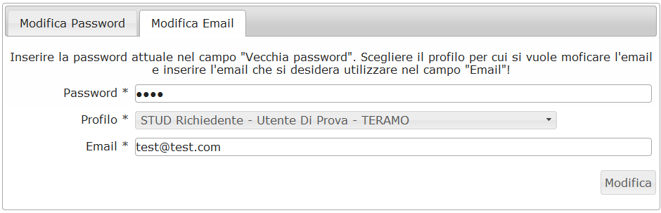 Nella seconda maschera è possibile modificare le email associate ai profilo. Per effettuare una modifica è necessario inserire la password nel campo omonimo.