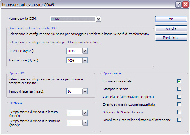 Fig. 7 A questo punto sono stati impostati i parametri della porta di comunicazione del pc.