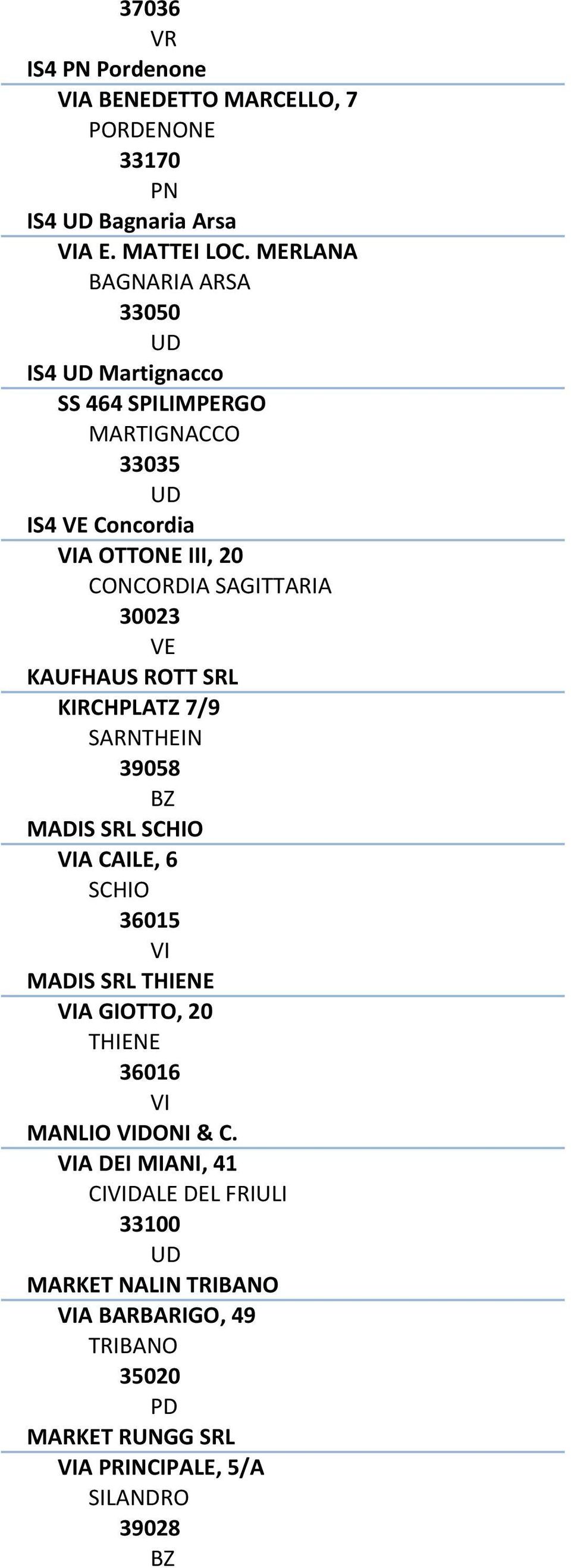 30023 VE KAUFHAUS ROTT SRL KIRCHPLATZ 7/9 SARNTHEIN 39058 MADIS SRL SCHIO VIA CAILE, 6 SCHIO 36015 VI MADIS SRL THIENE VIA GIOTTO, 20 THIENE