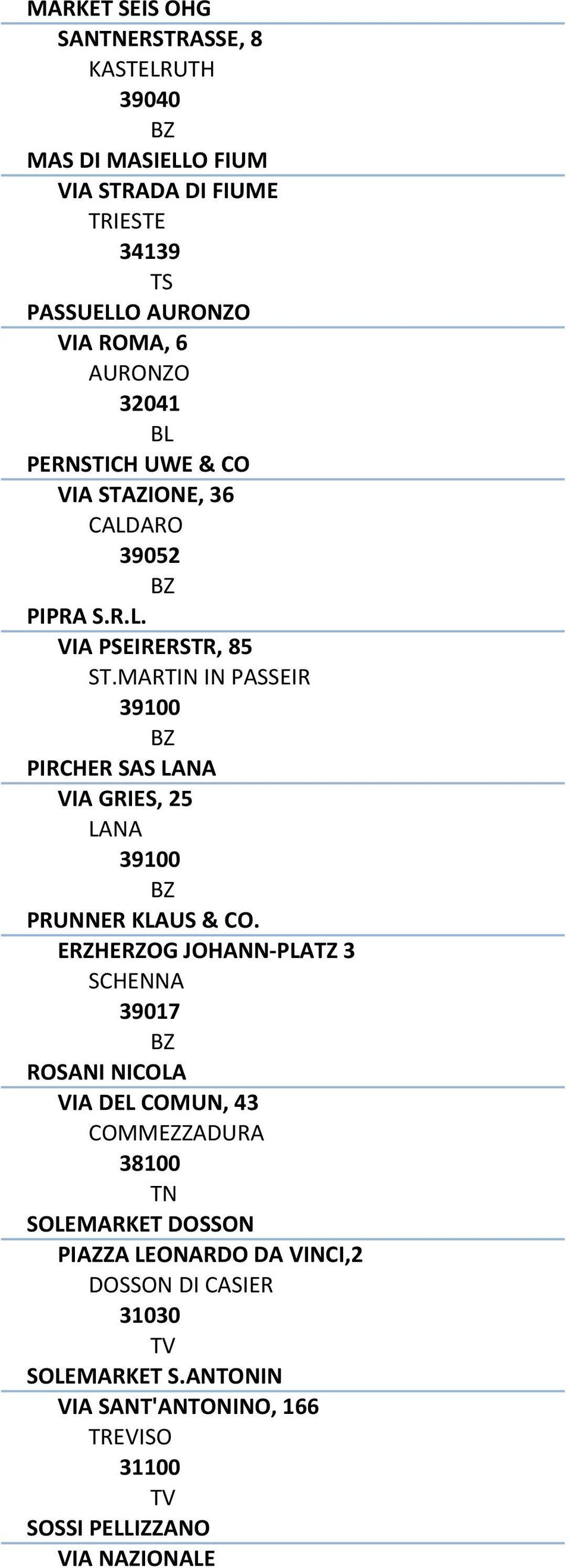 MARTIN IN PASSEIR 39100 PIRCHER SAS LANA VIA GRIES, 25 LANA 39100 PRUNNER KLAUS & CO.