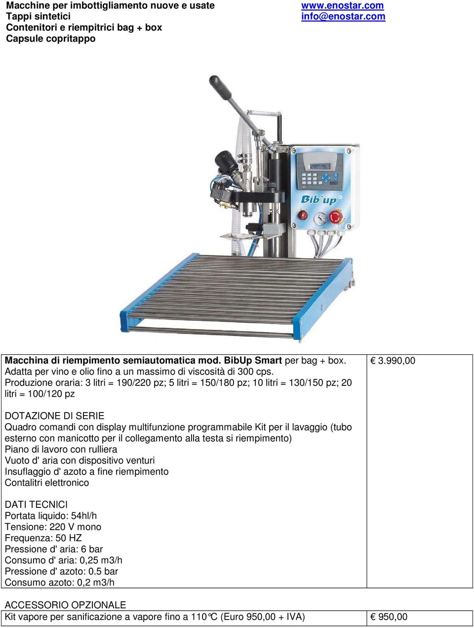 990,00 DOTAZIONE DI SERIE Quadro comandi con display multifunzione programmabile Kit per il lavaggio (tubo esterno con manicotto per il collegamento alla testa si riempimento) Piano di lavoro con