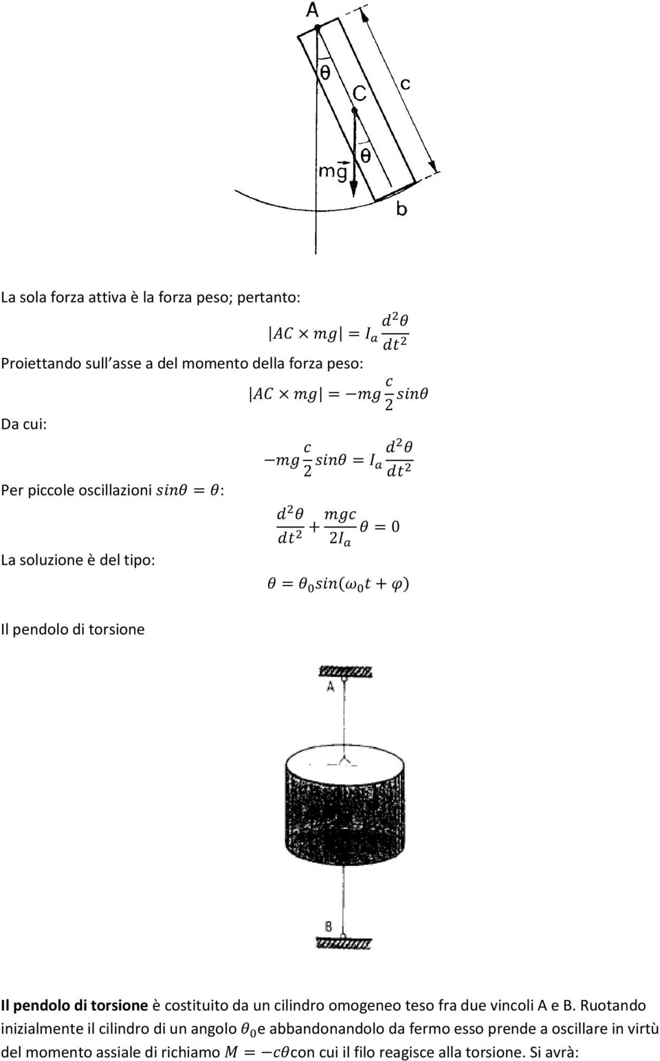di torsione Il pendolo di torsione è costituito da un cilindro omogeneo teso fra due vincoli A e B.