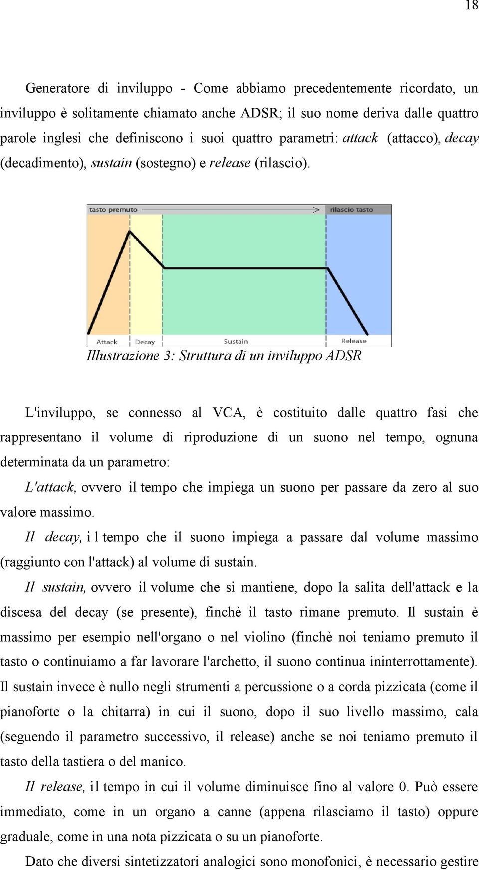 Illustrazione 3: Struttura di un inviluppo ADSR L'inviluppo, se connesso al VCA, è costituito dalle quattro fasi che rappresentano il volume di riproduzione di un suono nel tempo, ognuna determinata