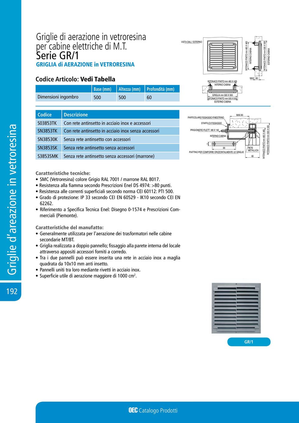 FINITO CABINA mm 505 X 505 Griglie d areazione in vetroresina Codice S03853TK SN3853TK SN38530K SN3853SK S3853SMK Descrizione Con rete antinsetto in acciaio inox e accessori Con rete antinsetto in