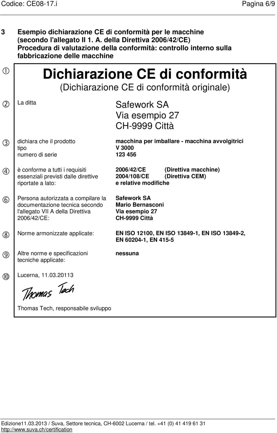 conformità dichiara che il prodotto tipo numero di serie (Dichiarazione CE di conformità originale) Safework SA macchina per imballare - macchinaa avvolgitrici V 3000 123 456 è conforme a tutti i