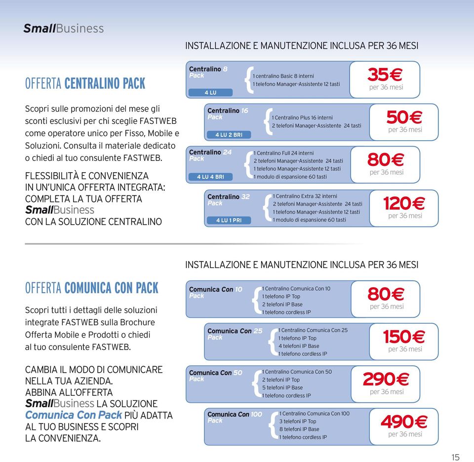 FLESSIBILITÀ E CONVENIENZA IN UN UNICA OFFERTA INTEGRATA: COMPLETA LA TUA OFFERTA SmallBusiness CON LA SOLUZIONE CENTRALINO INSTALLAZIONE E MANUTENZIONE INCLUSA PER 36 MESI Centralino 8 Pack 4 LU