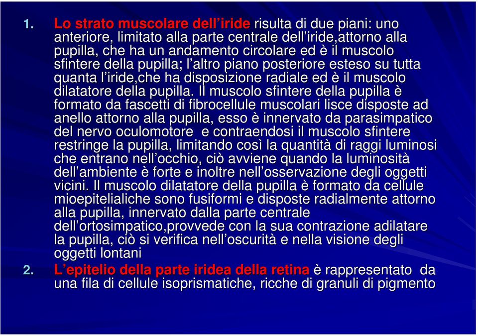 Il muscolo sfintere della pupilla è formato da fascetti di fibrocellule muscolari lisce disposte ad anello attorno alla pupilla, esso è innervato da parasimpatico del nervo oculomotore e contraendosi