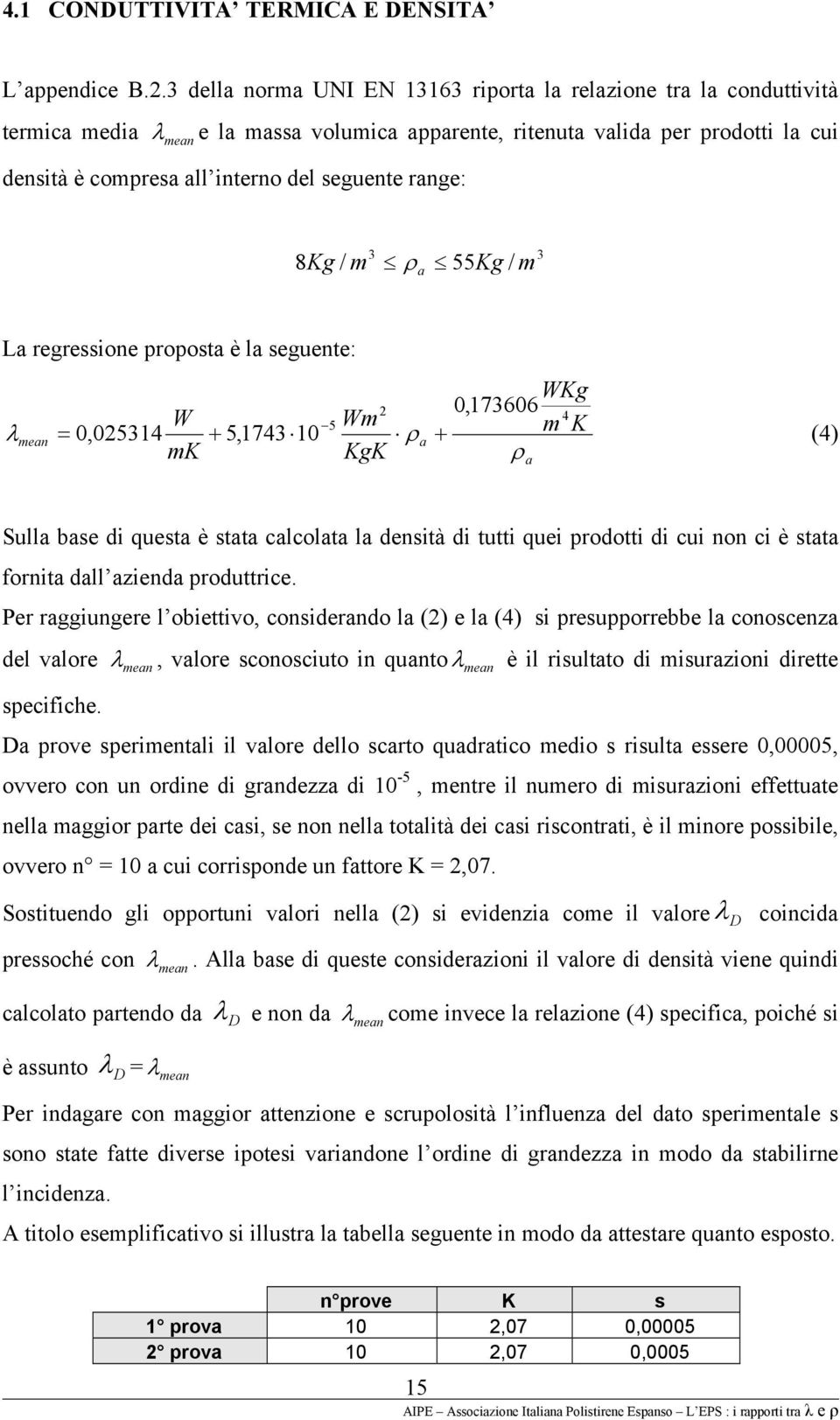 range: 3 3 8Kg / m ρ a 55Kg / m La regressione proposta è la seguente: λ mean WKg 2 0,173606 W Wm 4 5 = 0,025314 + 5,1743 10 ρ m K a + mk KgK ρ a (4) Sulla base di questa è stata calcolata la densità