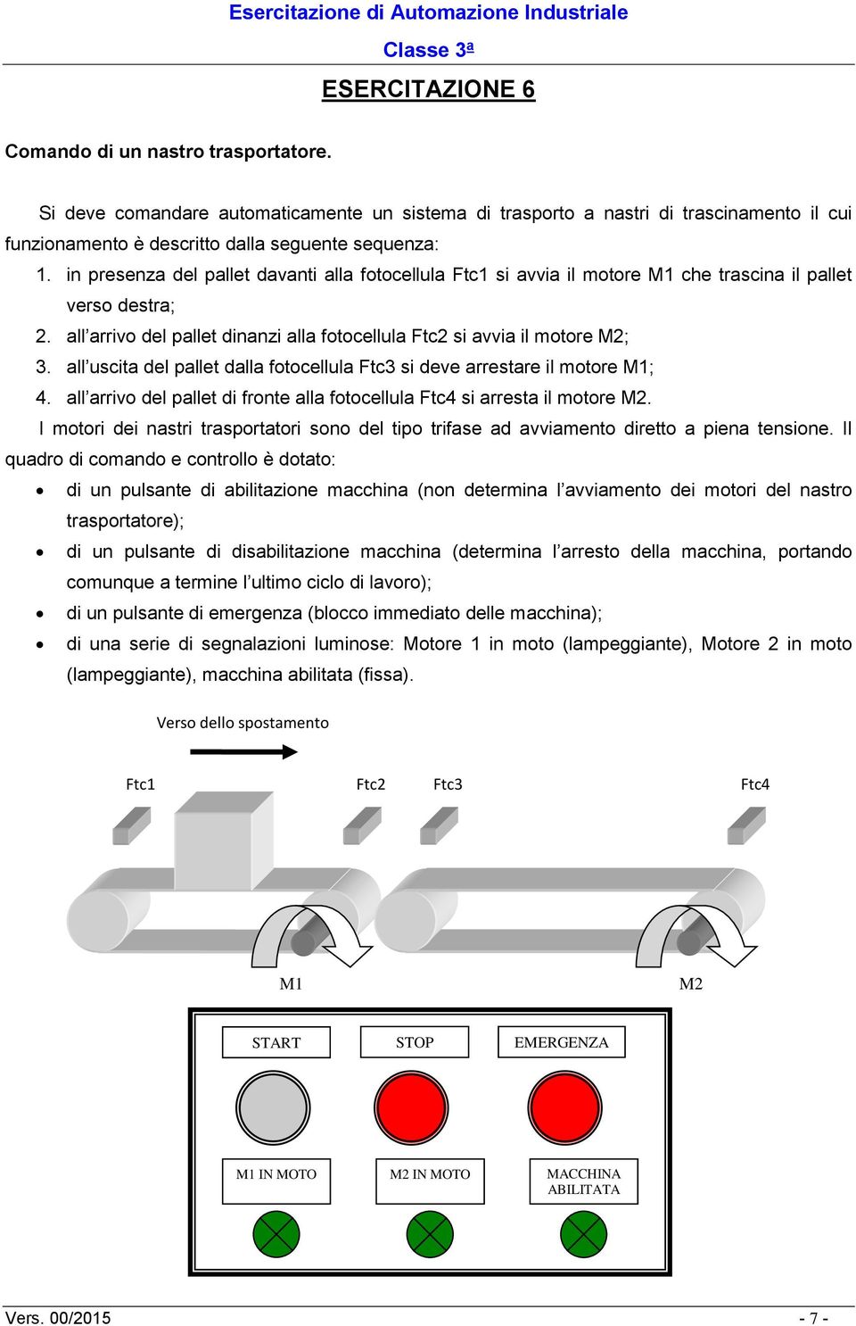 all uscita del pallet dalla fotocellula Ftc3 si deve arrestare il motore M1; 4. all arrivo del pallet di fronte alla fotocellula Ftc4 si arresta il motore M2.