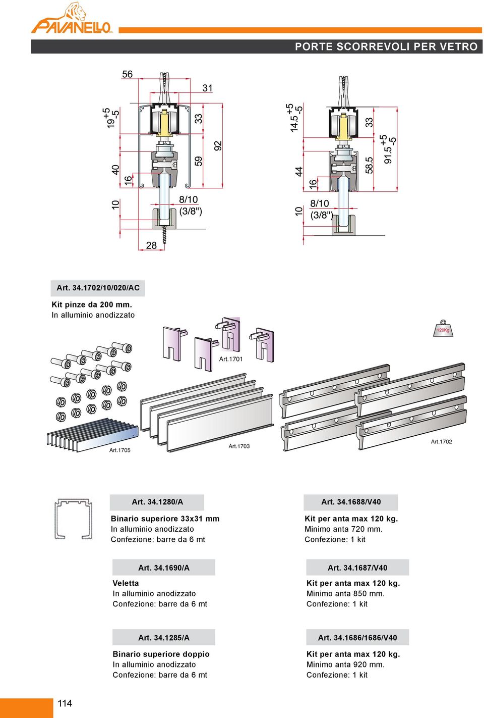 Minimo anta 850 mm. Confezione: 1 kit Art. 34.1285/A Binario superiore doppio In alluminio anodizzato Confezione: barre da 6 mt Art. 34.1686/1686/V40 Kit per anta max 120 kg.