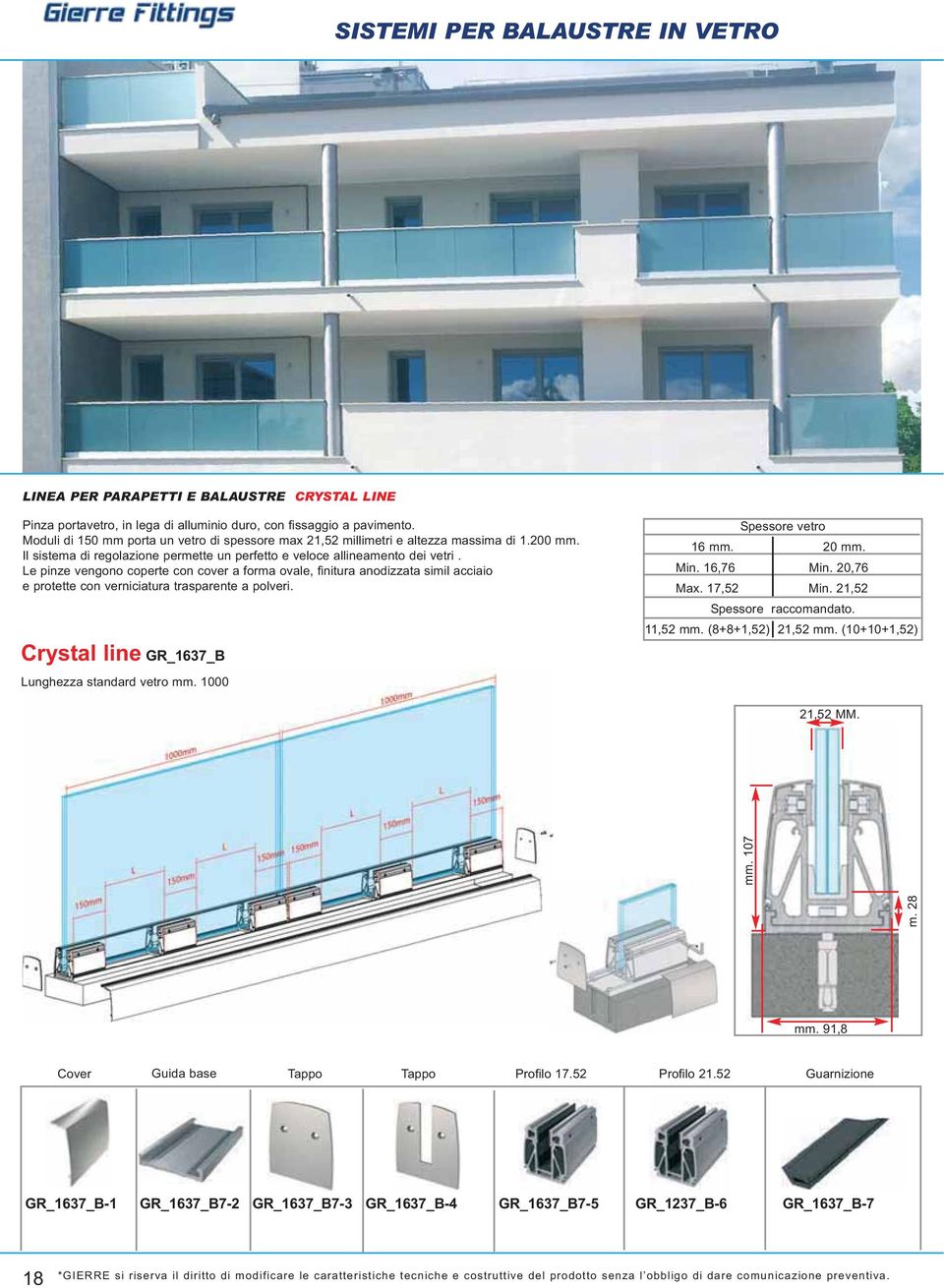 Le pinze vengono coperte con cover a forma ovale, finitura anodizzata simil acciaio e protette con verniciatura trasparente a polveri. Crystal line GR_1637_B Lunghezza standard vetro mm.