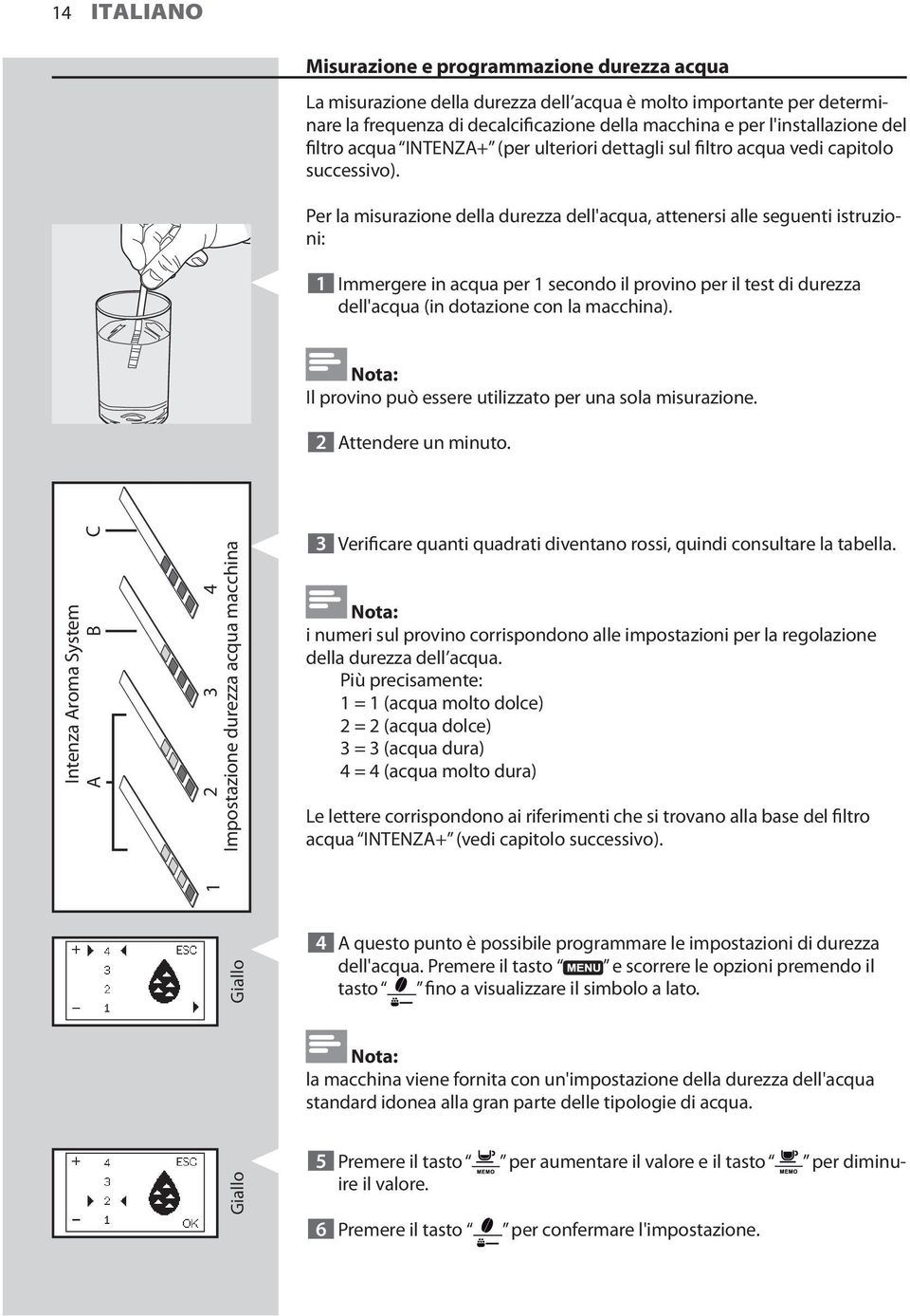 Per la misurazione della durezza dell'acqua, attenersi alle seguenti istruzioni: 1 Immergere in acqua per 1 secondo il provino per il test di durezza dell'acqua (in dotazione con la macchina).