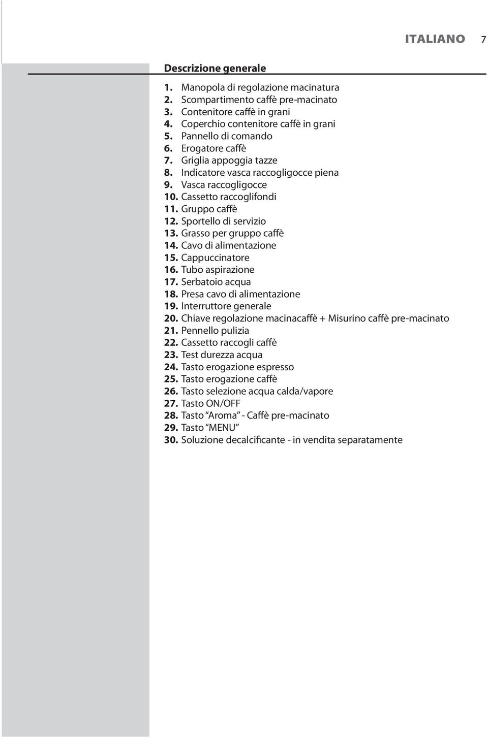 Sportello di servizio 13. Grasso per gruppo caffè 14. Cavo di alimentazione 15. Cappuccinatore 16. Tubo aspirazione 17. Serbatoio acqua 18. Presa cavo di alimentazione 19. Interruttore generale 20.