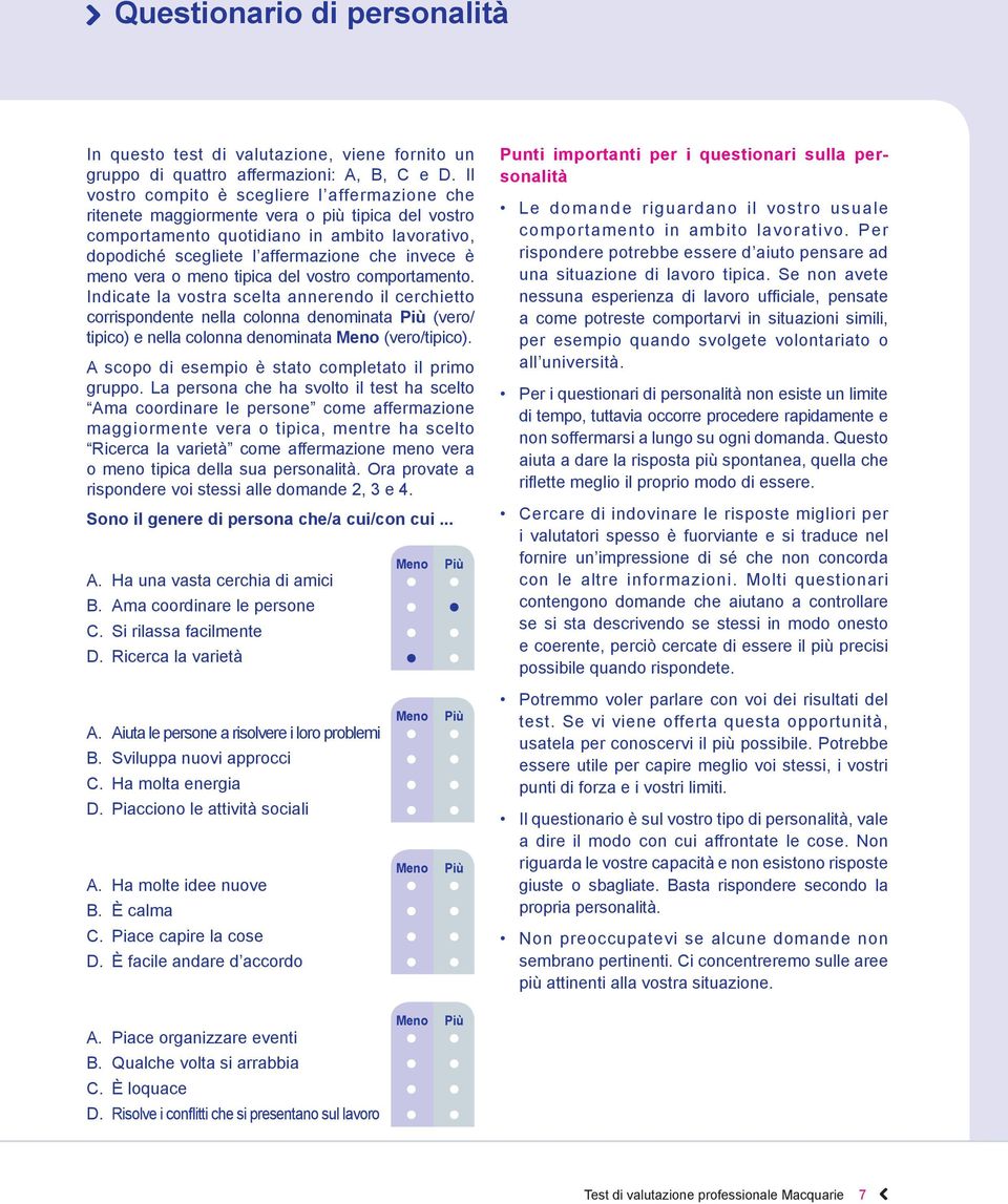 vera o meno tipica del vostro comportamento. Indicate la vostra scelta annerendo il cerchietto corrispondente nella colonna denominata Più (vero/ tipico) e nella colonna denominata Meno (vero/tipico).