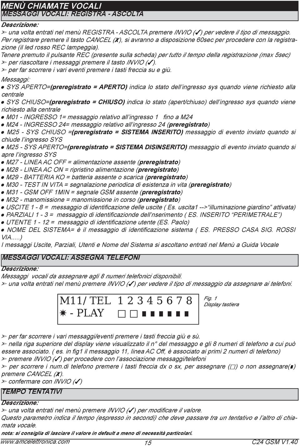 Tenere premuto il pulsante REC (presente sulla scheda) per tutto il tempo della registrazione (max 5sec) per riascoltare i messaggi premere il tasto INVIO.