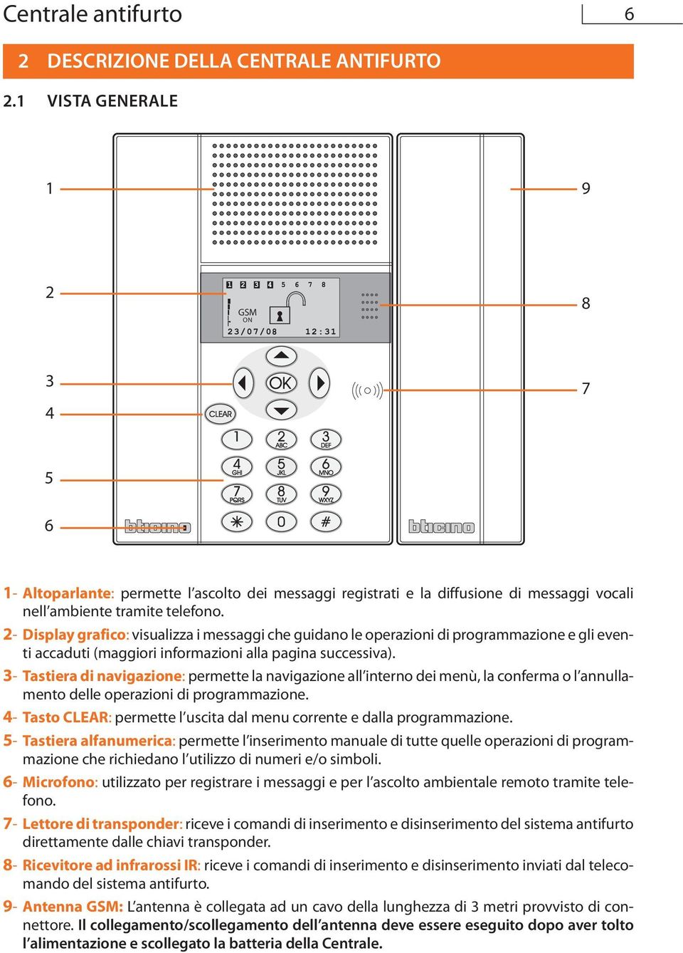 2- Display grafico: visualizza i messaggi che guidano le operazioni di programmazione e gli eventi accaduti (maggiori informazioni alla pagina successiva).