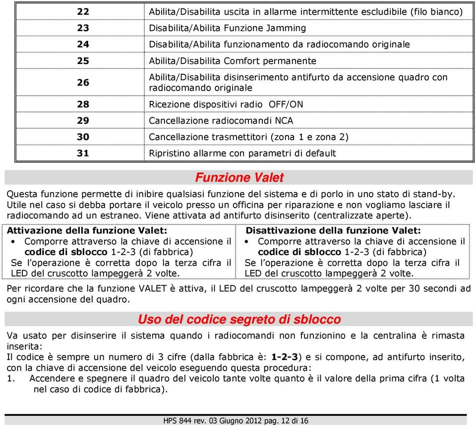 radiocomandi NCA 30 Cancellazione trasmettitori (zona 1 e zona 2) 31 Ripristino allarme con parametri di default Funzione Valet Questa funzione permette di inibire qualsiasi funzione del sistema e di