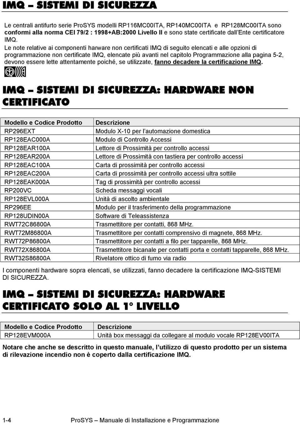 Le note relative ai componenti harware non certificati IMQ di seguito elencati e alle opzioni di programmazione non certificate IMQ, elencate più avanti nel capitolo Programmazione alla pagina 5-2,