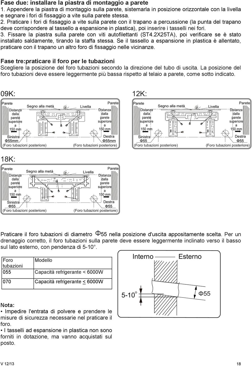 Praticare i fori di fissaggio a vite sulla parete con il trapano a percussione (la punta del trapano deve corrispondere al tassello a espansione in plastica), poi inserire i tasselli nei fori. 3.