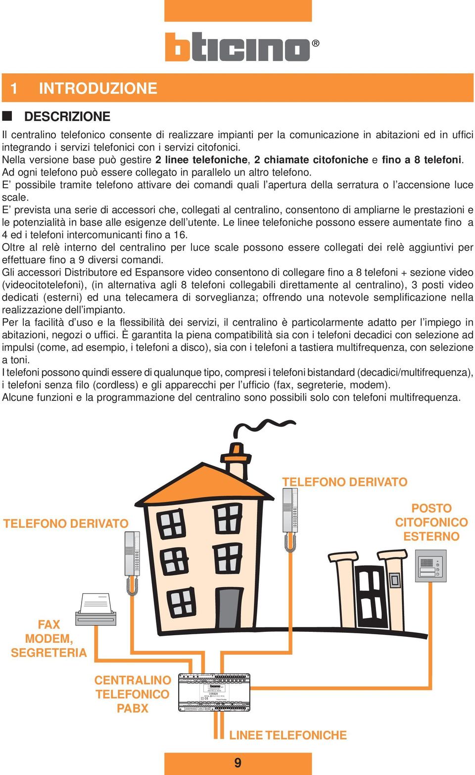 .. 2 3 M 4 5 6 7 8 9 P INTODUZIONE DESCIZIONE Il centralino telefonico consente di realizzare impianti per la comunicazione in abitazioni ed in uffici integrando i servizi telefonici con i servizi