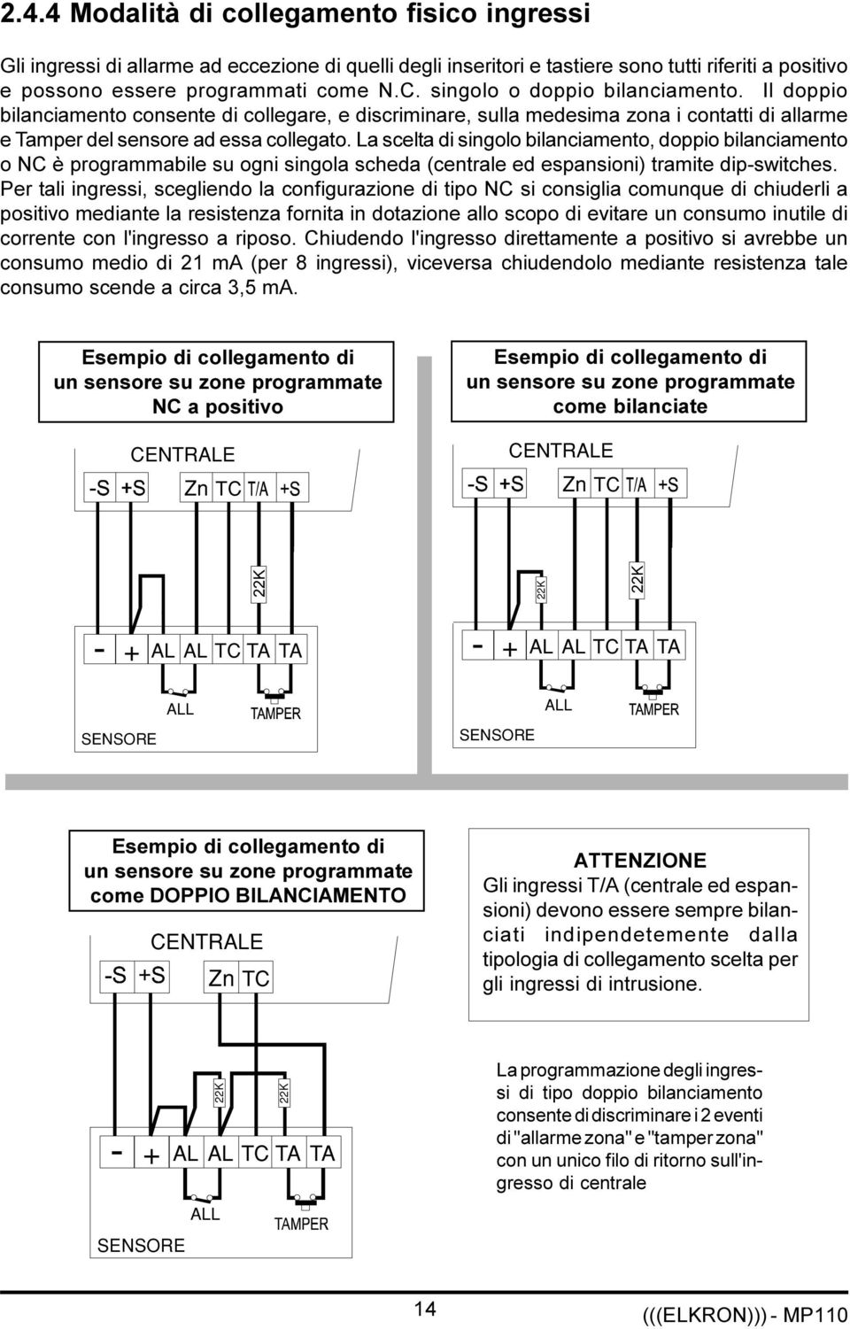 La scelta di singolo bilanciamento, doppio bilanciamento o NC è programmabile su ogni singola scheda (centrale ed espansioni) tramite dip-switches.