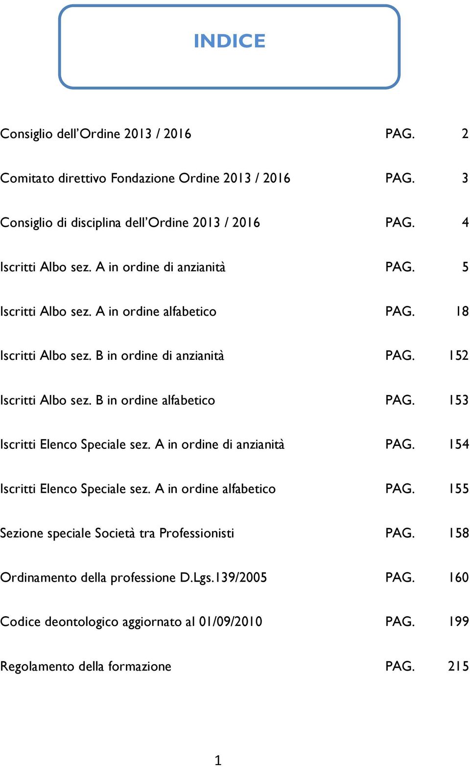 152 Iscritti Albo sez. B in ordine alfabetico PAG. 153 Iscritti Elenco Speciale sez. A in ordine di anzianità PAG. 154 Iscritti Elenco Speciale sez.