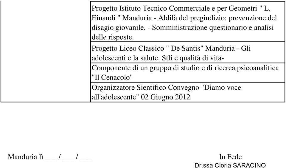 - Somministrazione questionario e analisi delle risposte.