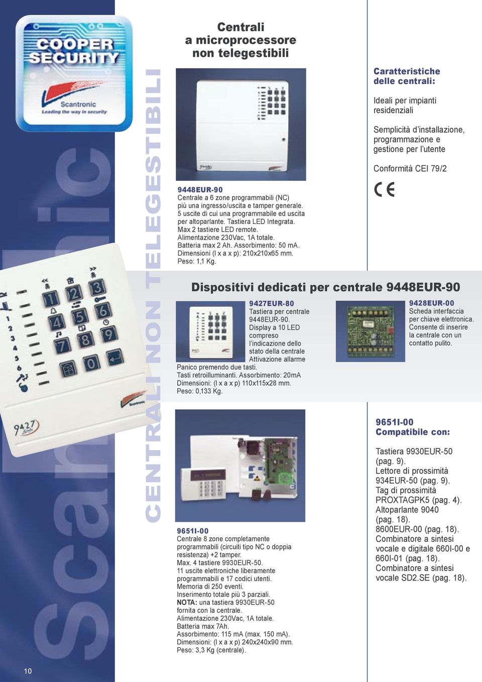 Dimensioni (l x a x p): 210x210x65 mm. Peso: 1,1 Kg. 9651I-00 Centrale 8 zone completamente programmabili (circuiti tipo NC o doppia resistenza) +2 tamper. Max. 4 tastiere 9930EUR-50.