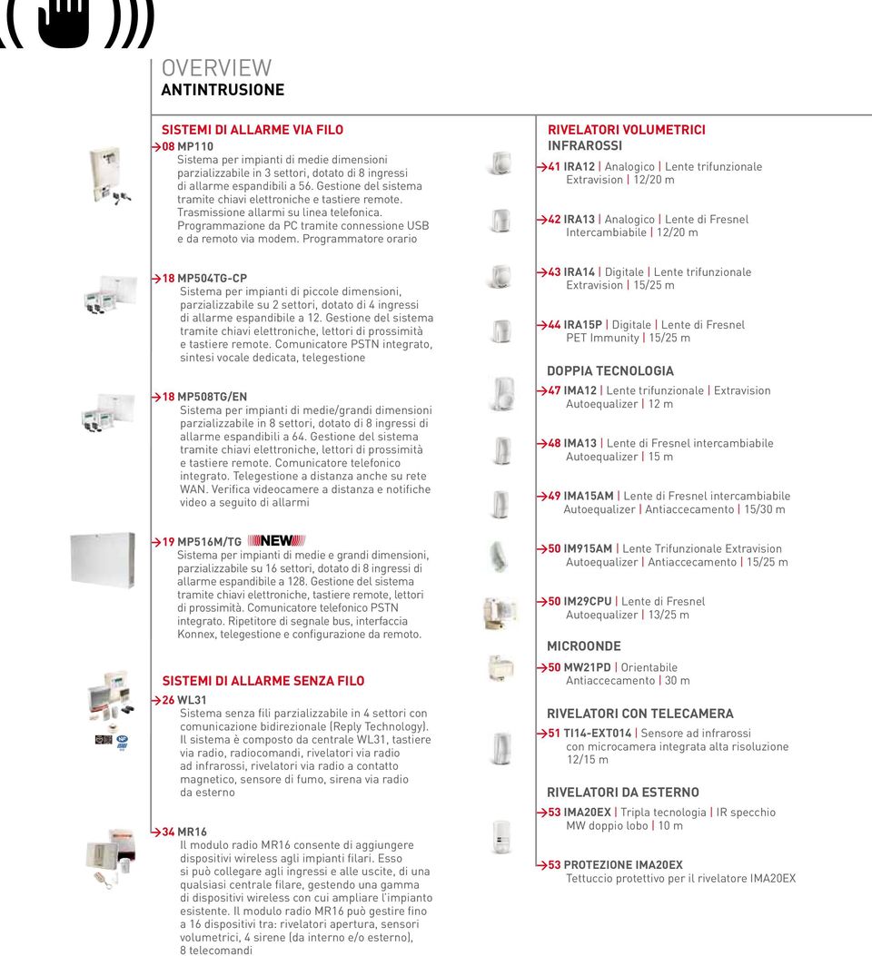 Programmatore orario >18 MP504TG-CP Sistema per impianti di piccole dimensioni, parzializzabile su 2 settori, dotato di 4 ingressi di allarme espandibile a 12.