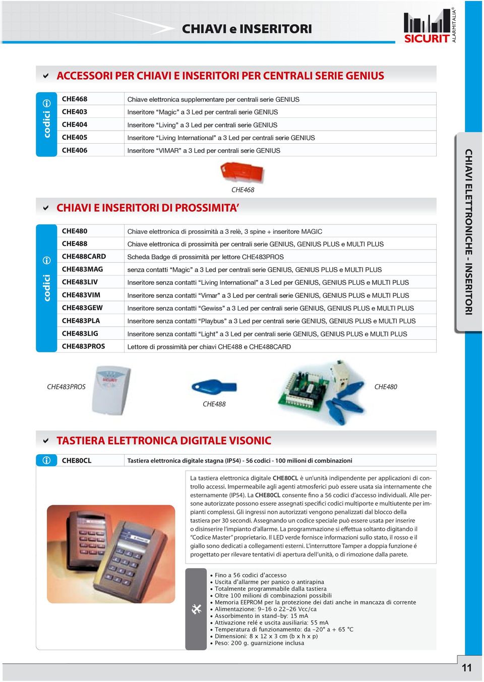 GENIUS CHE468 a CHIAVI E INSERITORI DI PROSSIMITA codici CHE480 Chiave elettronica di prossimità a 3 relè, 3 spine + inseritore MAGIC CHE488 Chiave elettronica di prossimità per centrali serie