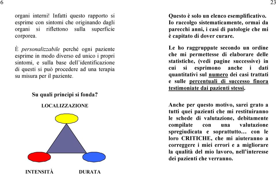 Su quali principi si fonda? LOCALIZZAZIONE Questo è solo un elenco esemplificativo. Io raccolgo sistematicamente, ormai da parecchi anni, i casi di patologie che mi è capitato di dover curare.