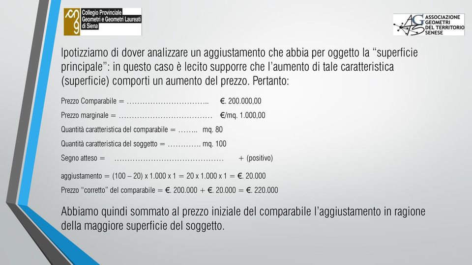 . mq. 80 Quantità caratteristica del soggetto =. mq. 100 Segno atteso = + (positivo) aggiustamento = (100 20) x 1.000 x 1 = 20 x 1.000 x 1 =. 20.000 Prezzo corretto del comparabile =.