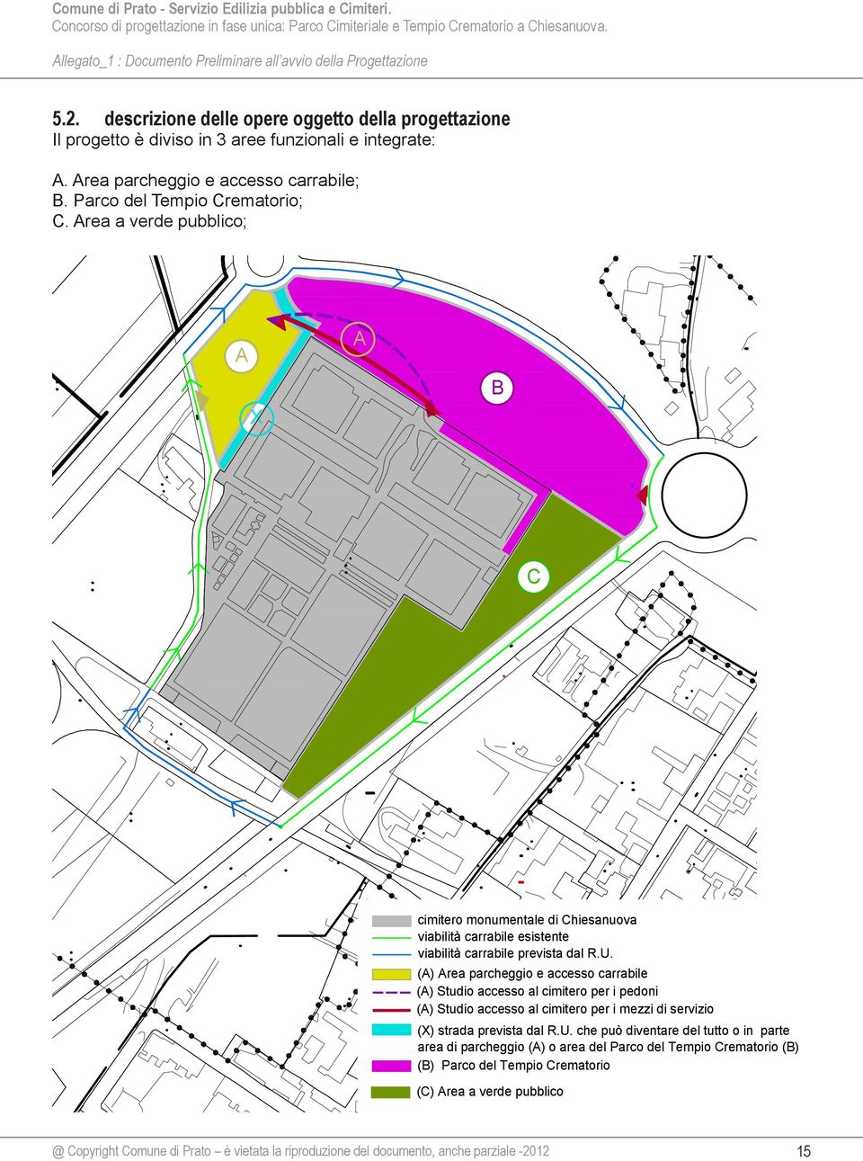 (A) Area parcheggio e accesso carrabile (A) Studio accesso al cimitero per i pedoni (A) Studio accesso al cimitero per i mezzi di servizio (X) strada prevista dal R.U.