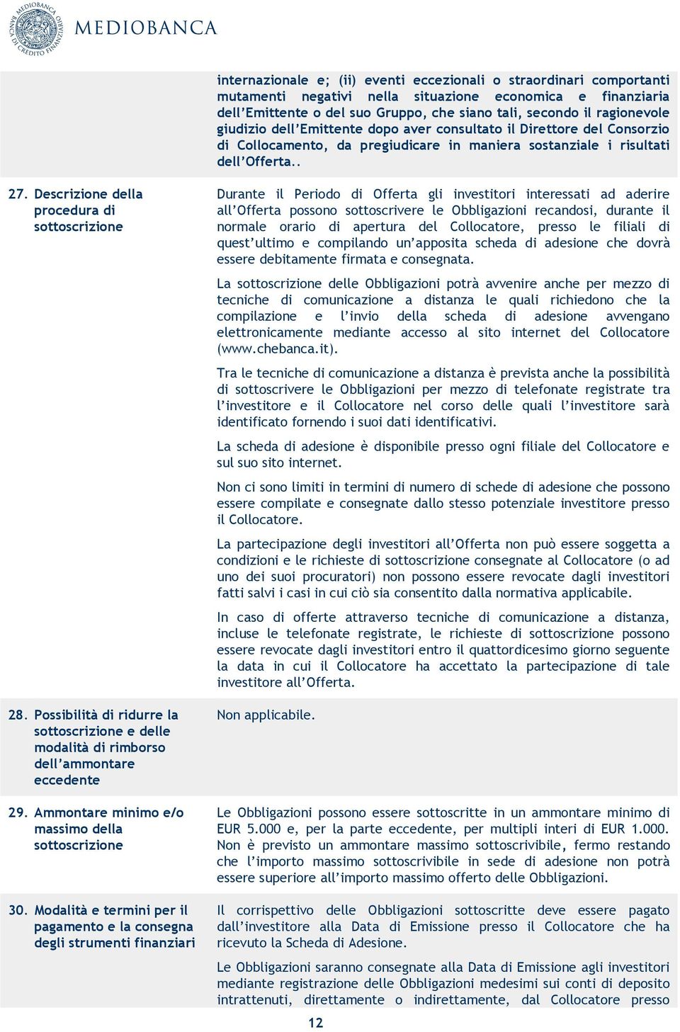 Descrizione della procedura di sottoscrizione 28. Possibilità di ridurre la sottoscrizione e delle modalità di rimborso dell ammontare eccedente 29.