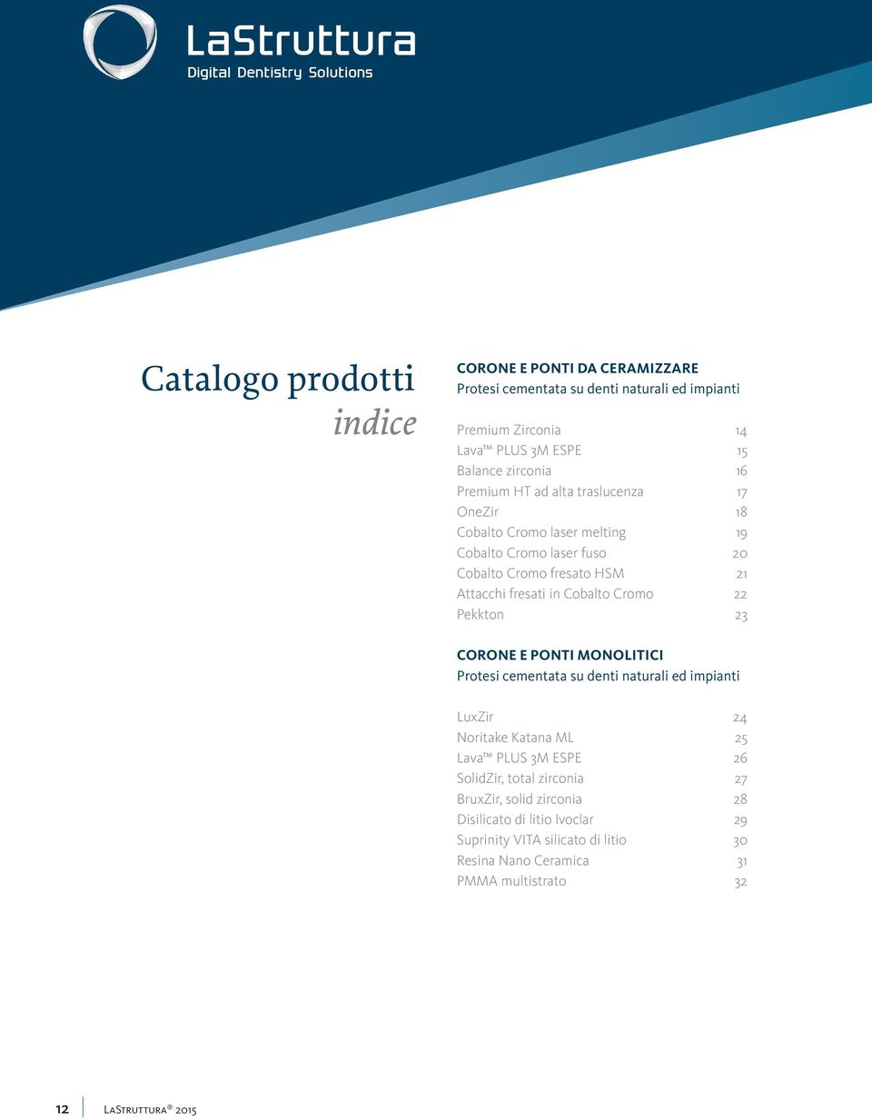 Cromo 22 Pekkton 23 CORONE E PONTI MONOLITICI Protesi cementata su denti naturali ed impianti LuxZir 24 Noritake Katana ML 25 Lava PLUS 3M ESPE 26 SolidZir, total