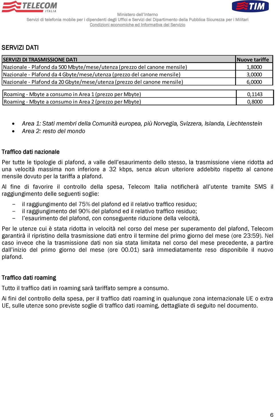 mensile) 6,0000 Nazionale Plafond da 4 Gbyte/mese/utenza (prezzo del canone mensile) 3,0000 Nazionale - Mbyte a consumo (prezzo per Mbyte oltre plafond, se previsto e solo per Nazionale Plafond da 20