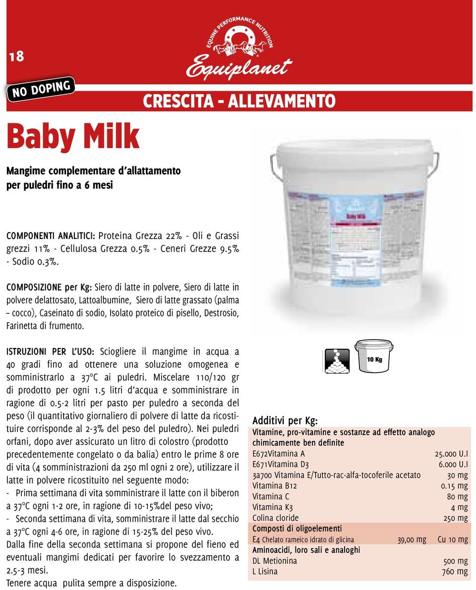 15 ml COMPOSIZIONE per Kg: Siero di latte in polvere, Siero di latte in polvere delattosato, Lattoalbumine, Siero di latte grassato (palma cocco), Caseinato di sodio, Isolato proteico di pisello,