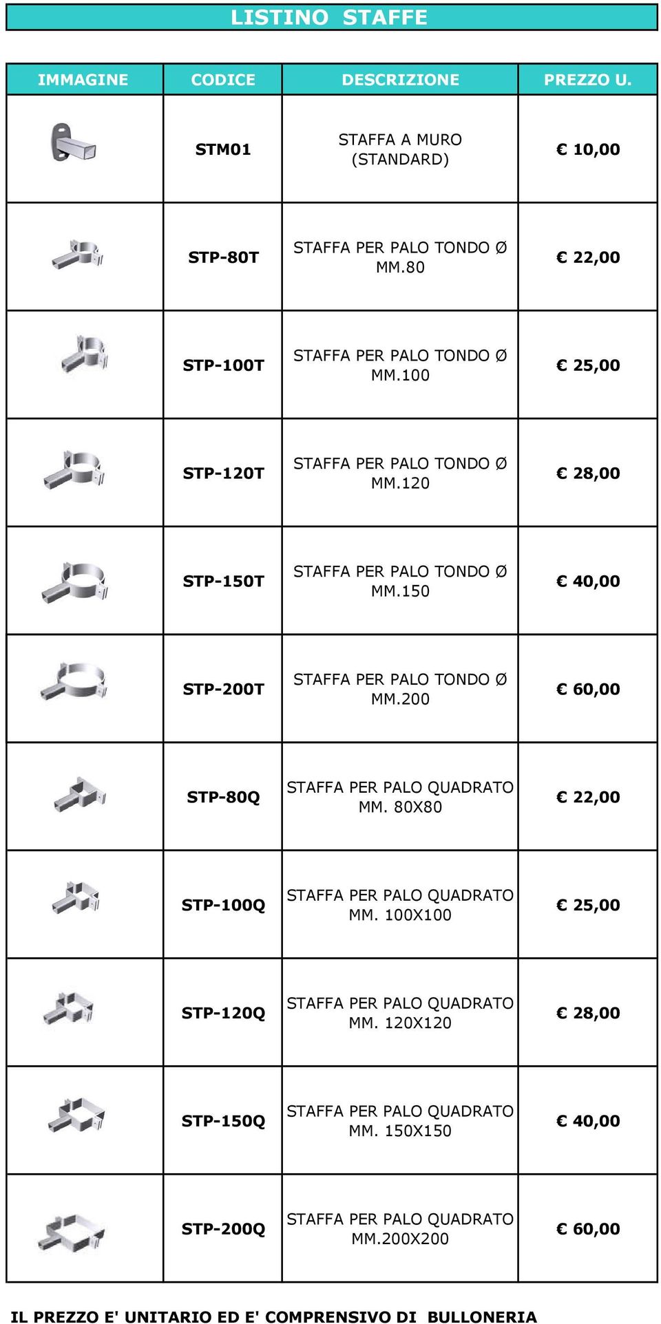 150 40,00 STP-200T STAFFA PER PALO TONDO Ø MM.200 60,00 STP-80Q STAFFA PER PALO QUADRATO MM. 80X80 22,00 STP-100Q STAFFA PER PALO QUADRATO MM.