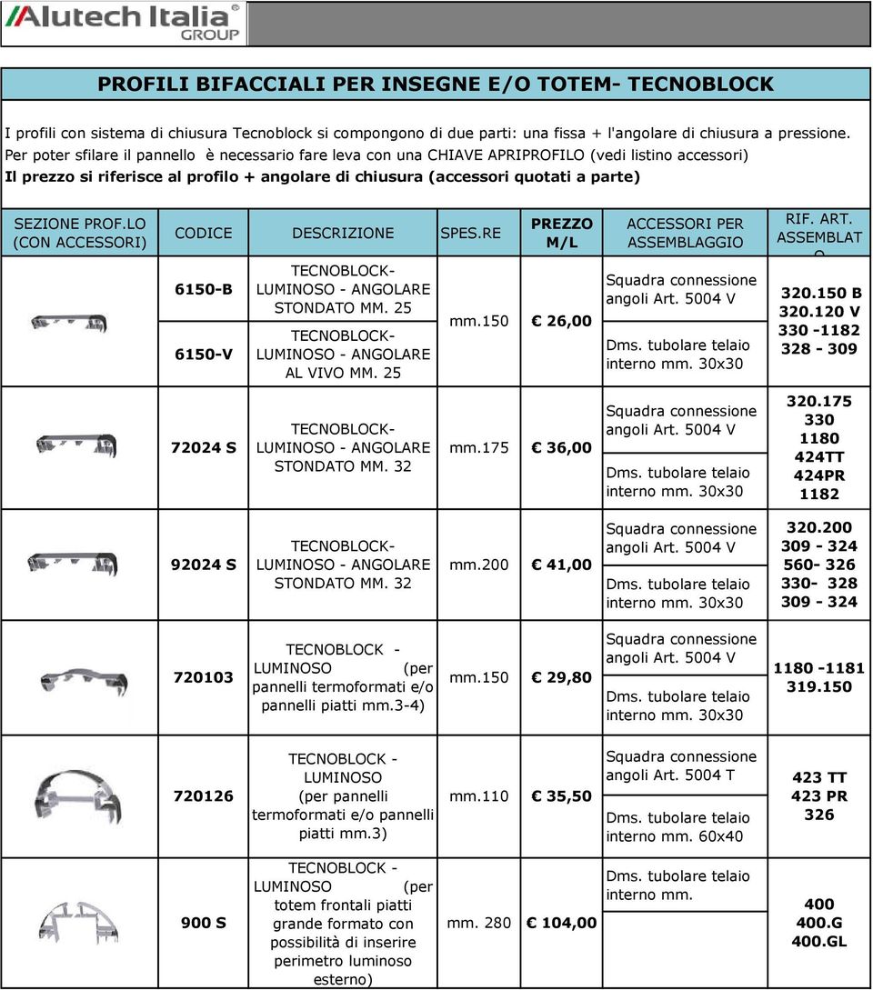 PROF.LO CODICE DESCRIZIONE SPES.RE 6150-B 6150-V TECNOBLOCK- LUMINOSO - ANGOLARE STONDATO MM. 25 TECNOBLOCK- LUMINOSO - ANGOLARE AL VIVO MM. 25 mm.150 26,00 interno mm. 30x30 ASSEMBLAT O 320.