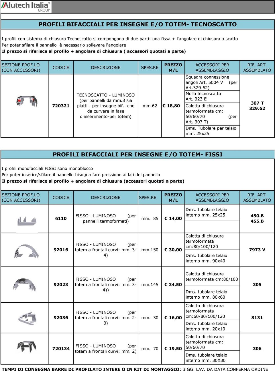 RE 720321 TECNOSCATTO - LUMINOSO (per pannelli da mm.3 sia piatti - per insegne bif.- che da curvare in fase d'inserimento-per totem) mm.62 18,80 (per Art.329.62) Molla tecnoscatto Art.