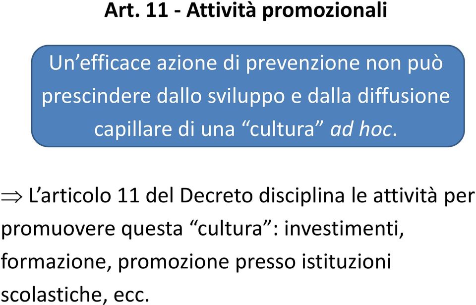 hoc. L articolo 11 del Decreto disciplina le attività per promuovere questa