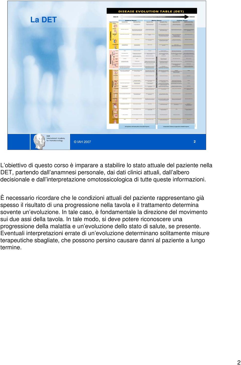 È necessario ricordare che le condizioni attuali del paziente rappresentano già spesso il risultato di una progressione nella tavola e il trattamento determina sovente un evoluzione.