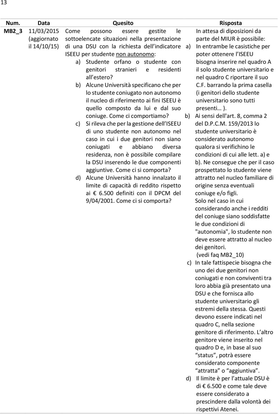 b) Alcune Università specificano che per lo studente coniugato non autonomo il nucleo di riferimento ai fini ISEEU è quello composto da lui e dal suo coniuge. Come ci comportiamo?