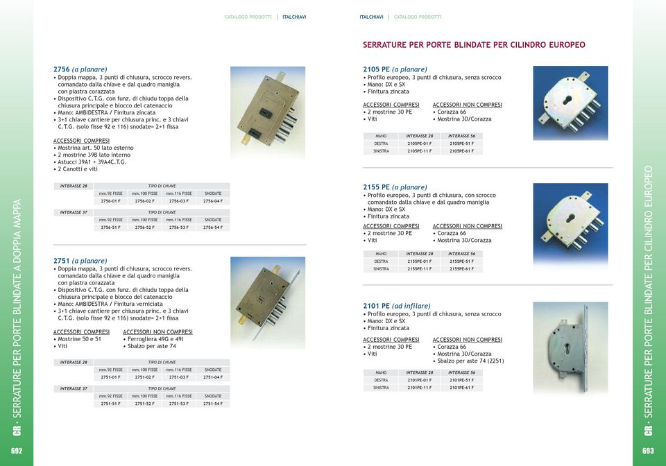 fissa 2105 pe (a planare) Profilo europeo, 3 punti di chiusura, senza scrocco Mano: DX e SX zincata 2 mostrine 30 PE Mostrina 30/Corazza CR SERRATuRE PER PORTE BLINDATE A DOPPIA MAPPA Mostrina art.