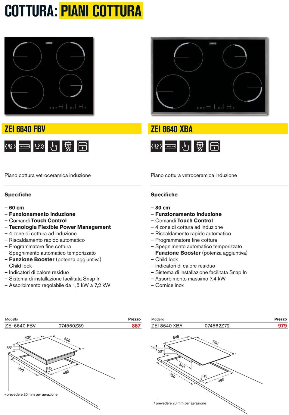 aggiuntiva) Child lock Indicatori di calore residuo Sistema di installazione facilitata Snap In Assorbimento regolabile da 1,5 kw a 7,2 kw 80 cm Funzionamento induzione Comandi Touch Control 4 zone