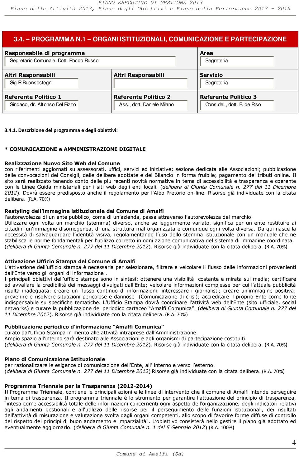 Descrizione del programma e degli obiettivi: * COMUNICAZIONE e AMMINISTRAZIONE DIGITALE Realizzazione Nuovo Sito Web del Comune con riferimenti aggiornati su assessorati, uffici, servizi ed