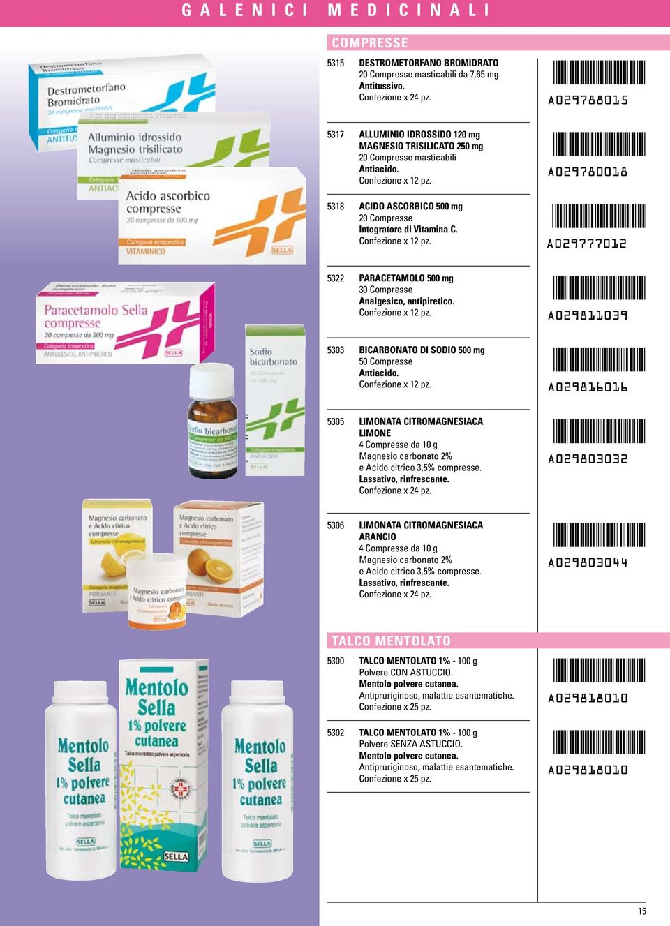 5322 PARACETAMOLO 500 mg 30 Compresse Analgesico, antipiretico. 5303 BICARBONATO DI SODIO 500 mg 50 Compresse Antiacido.