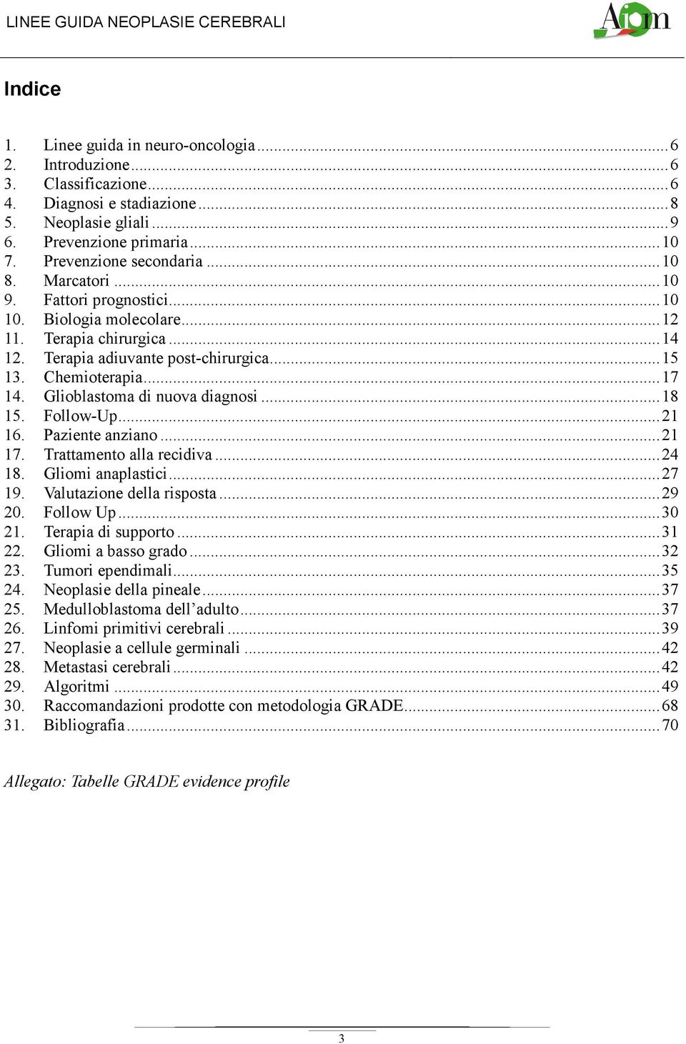 .. 17 14. Glioblastoma di nuova diagnosi... 18 15. Follow-Up... 21 16. Paziente anziano... 21 17. Trattamento alla recidiva... 24 18. Gliomi anaplastici... 27 19. Valutazione della risposta... 29 20.