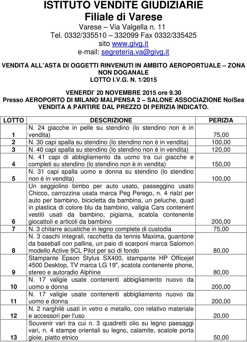 30 Presso AEROPORTO DI MILANO MALPENSA 2 SALONE ASSOCIAZIONE NoiSea VENDITA A PARTIRE DAL PREZZO DI PERIZIA INDICATO. LOTTO DESCRIZIONE PERIZIA 1 N.